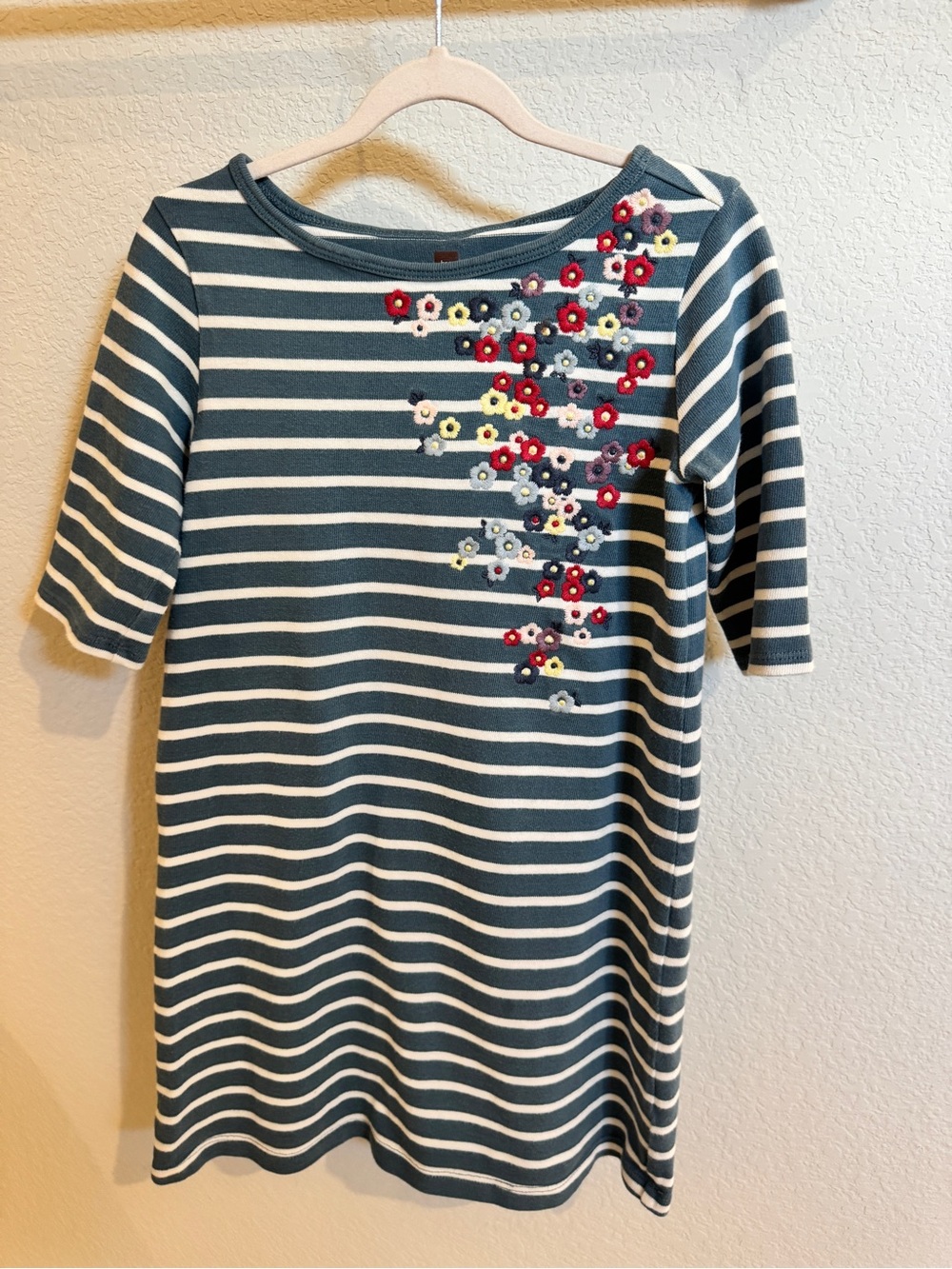 Tea Collection Teal and White Striped Knit Dress with Floral Embroidery